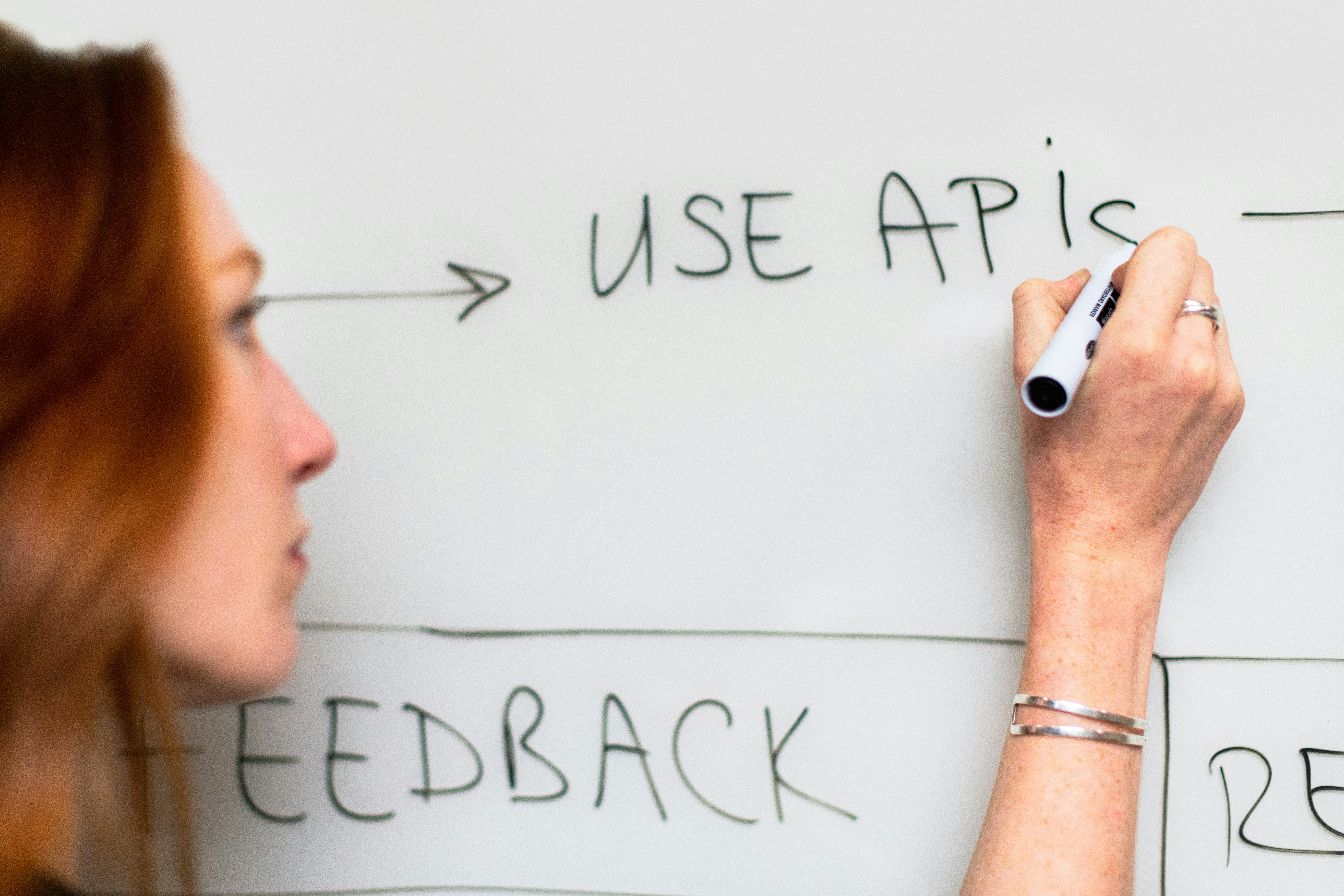 Female software engineer uses whiteboard